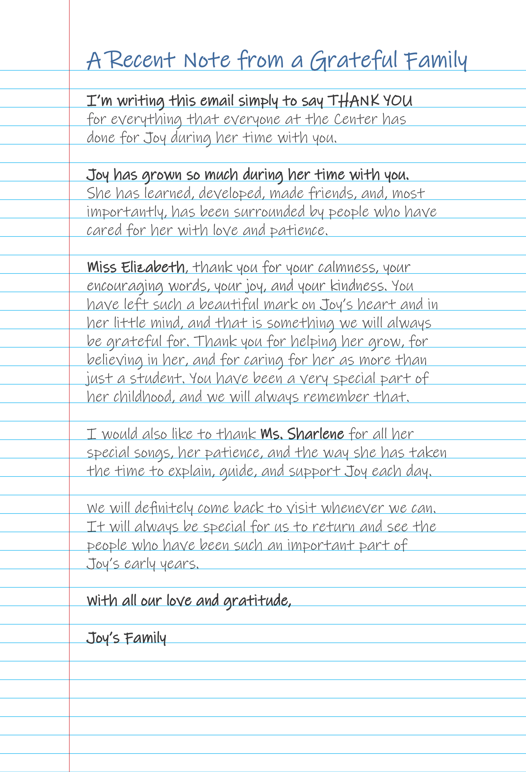 A Recent Note from a Grateful Family A stylized thank-you letter.